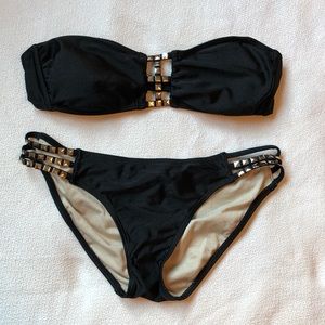 Black strapless swim suit